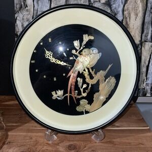 Vtg Asian Mother Of Pearl Bird Flowers Lacquer Wall Clock 12" Raden Japan